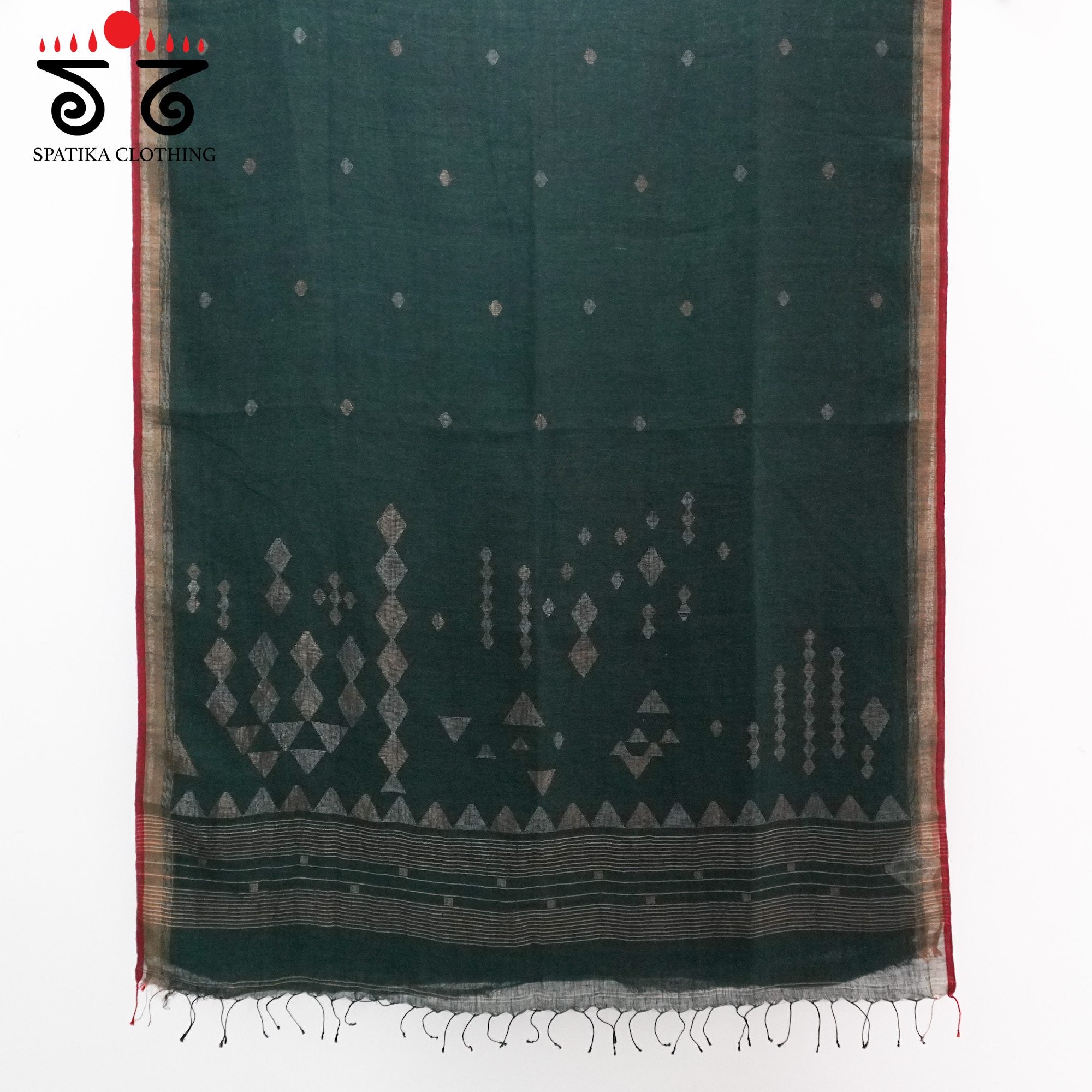 Dark Green Jamdhani-Linen Cotton Saree