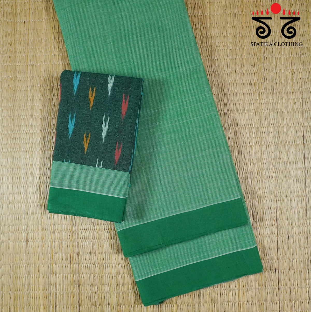 Green Andhra Cotton Saree With Ikat Blouse