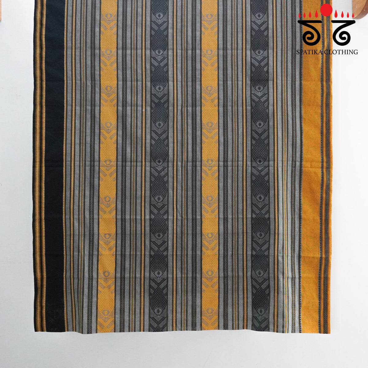 Yellow & Black Begampur Saree - With Fish Motifs!