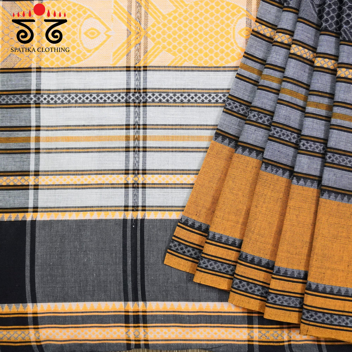 Yellow & Black Begampur Saree - With Fish Motifs!