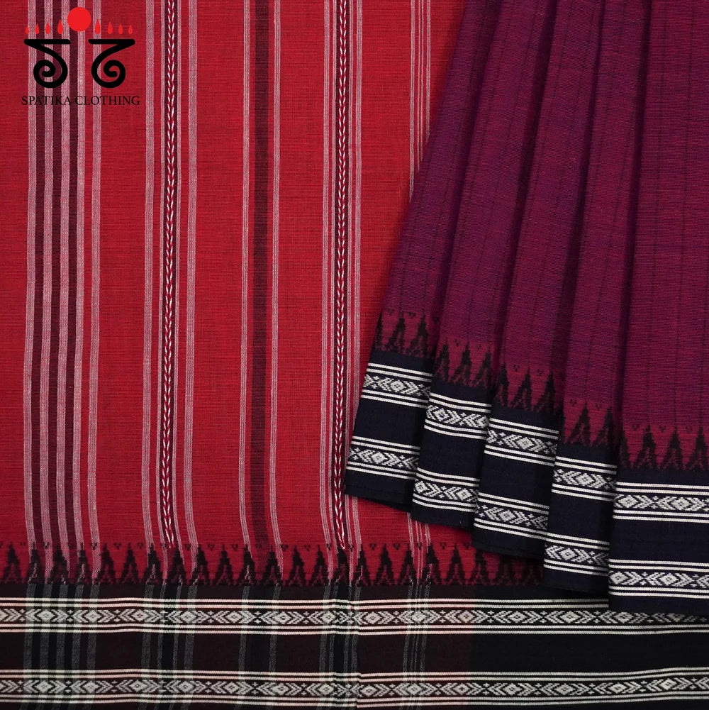 Maroon Begampur Handwoven Cotton Saree with Black Festive Lambani Khun Handcrafted Blouse