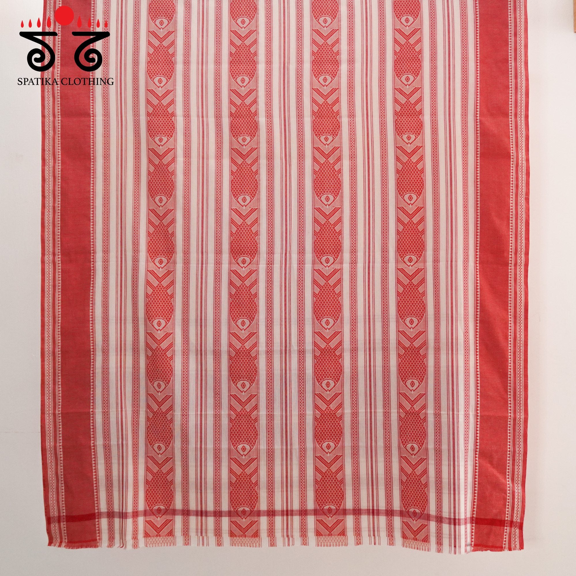 White & Red Begampur Saree - With Fish Motifs!