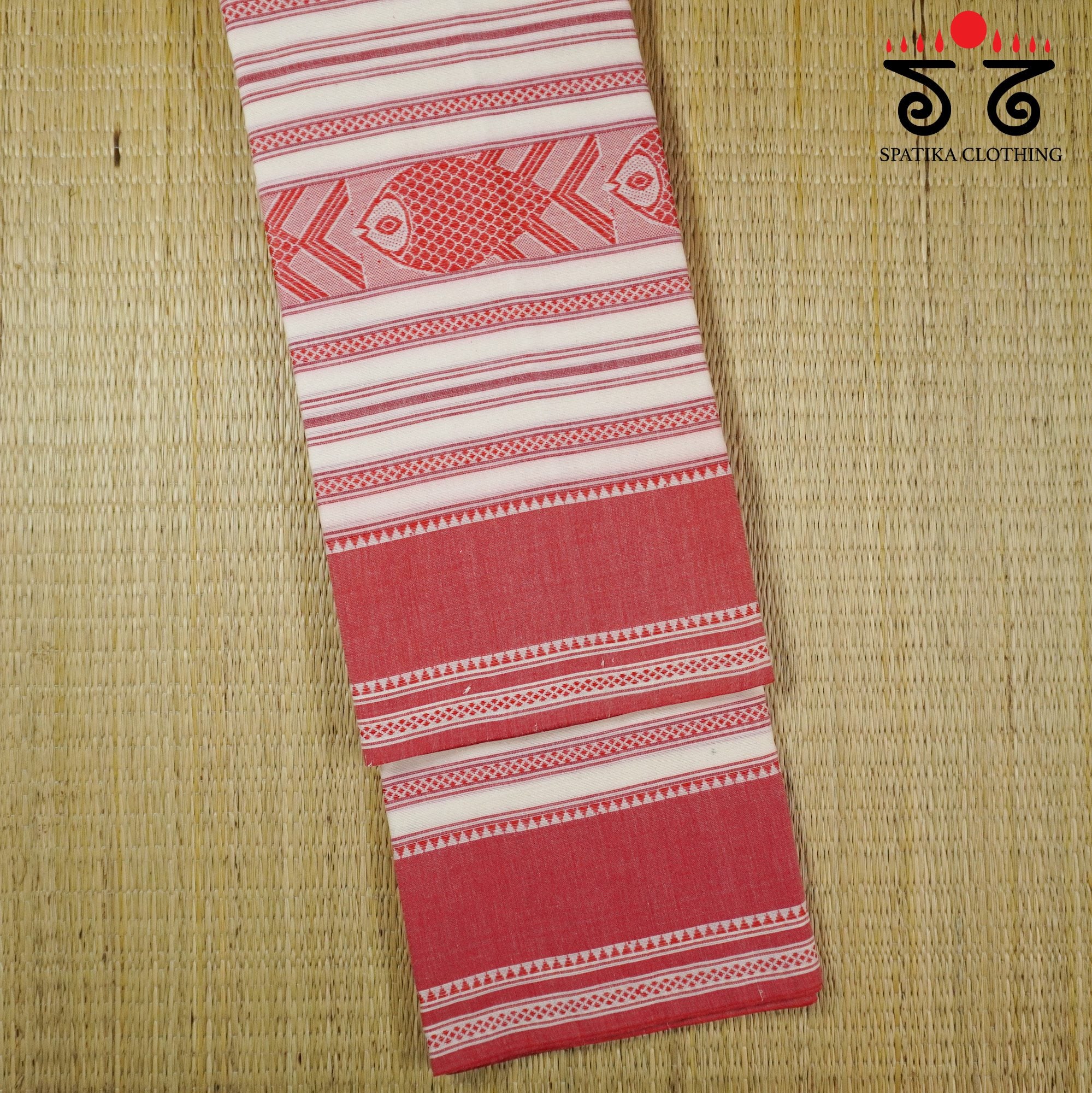 White & Red Begampur Saree - With Fish Motifs!