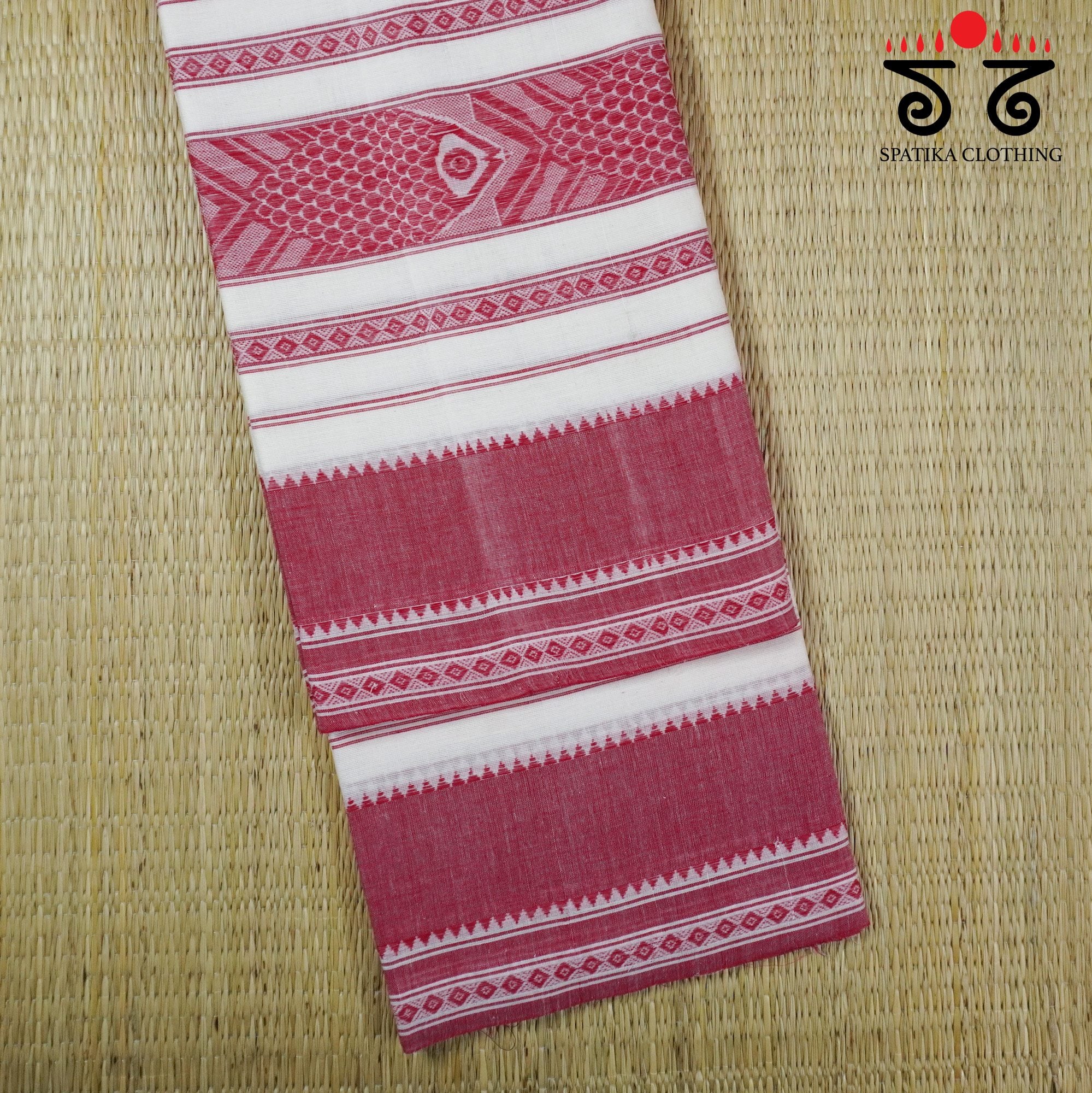 White & Red Begampur Saree-With Fish Motifs!