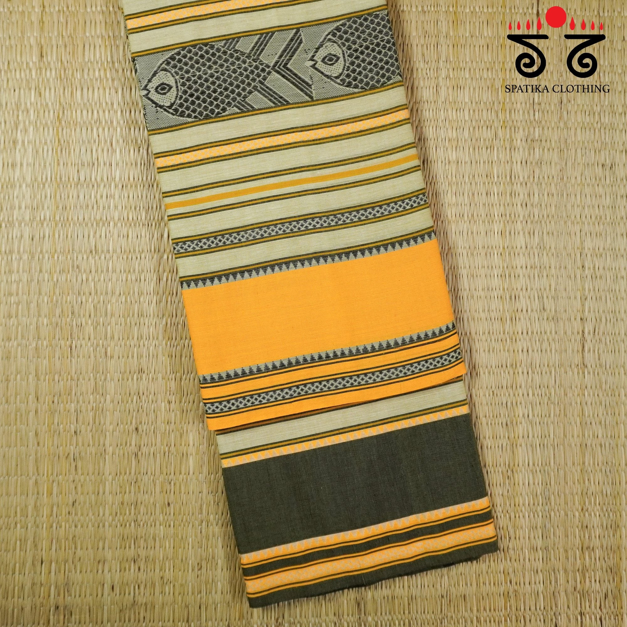 Yellow Begampur Saree - With Fish Motifs!