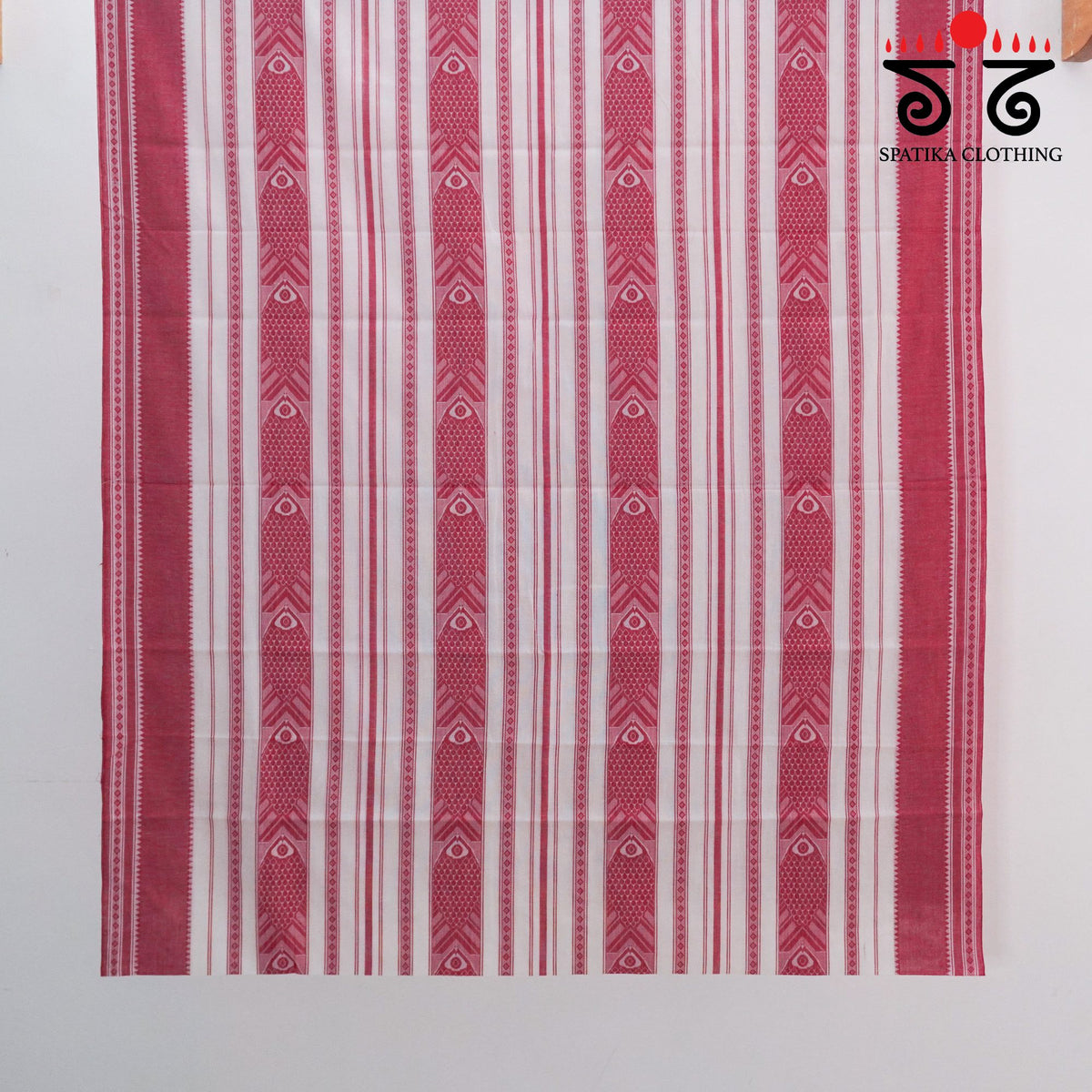 White & Red Begampur Saree-With Fish Motifs!