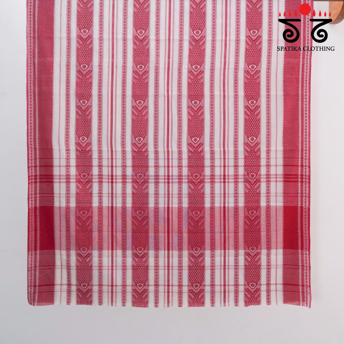 White & Red Begampur Saree-With Fish Motifs!
