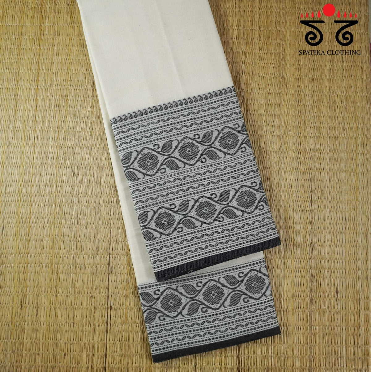 White & Black Begampur Handwoven Cotton Saree New!
