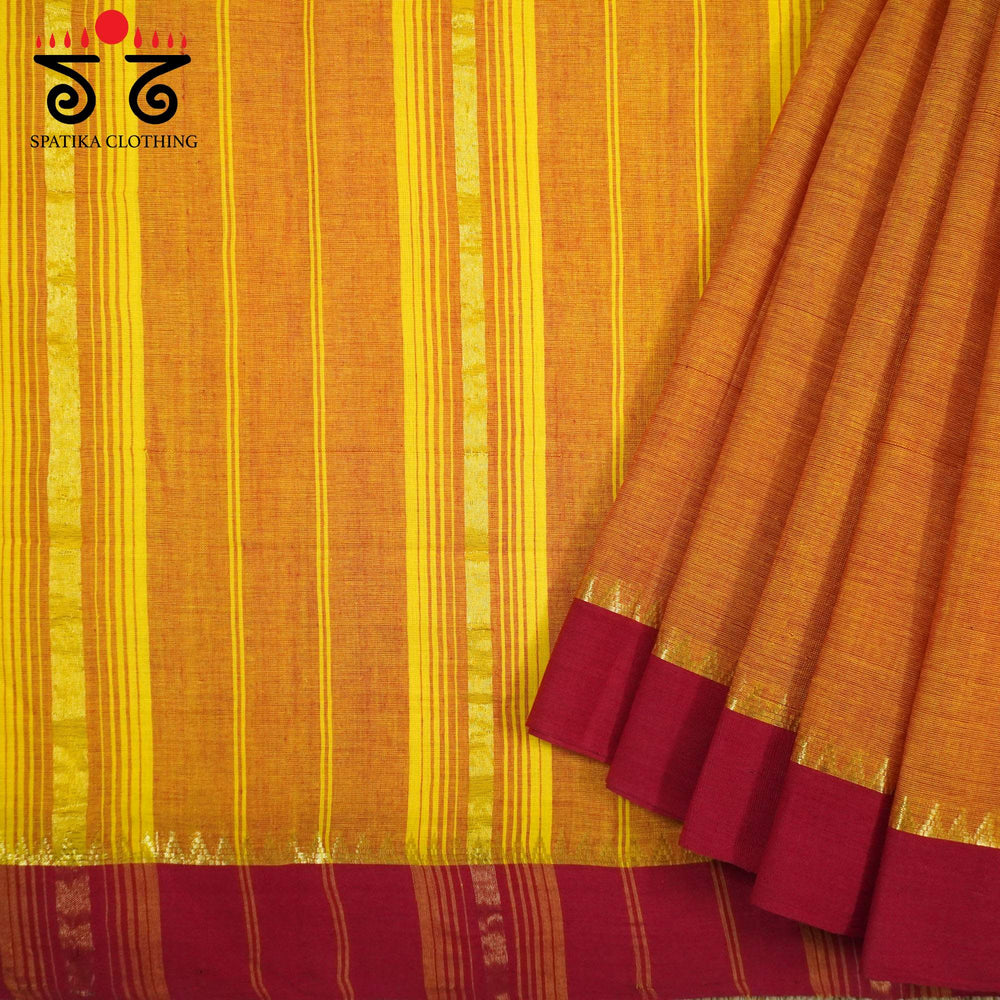 Light Orange Andhra Handwoven Cotton Saree with Red Lambani Bandhani Blouse
