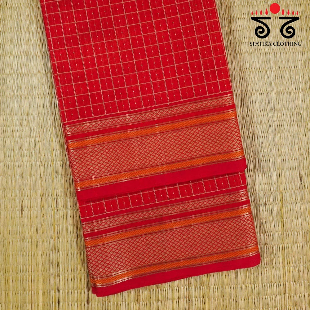 Festive Kanjivaram Silk Cotton- Red with Orange Lambani - Bandhani blouse