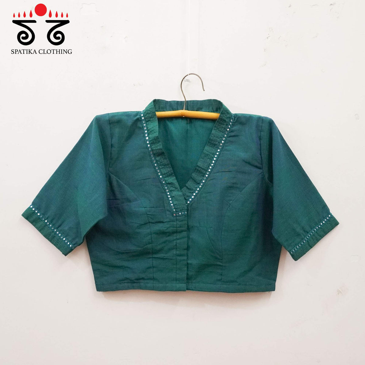 Teal Mirror Work - V Neck Blouse