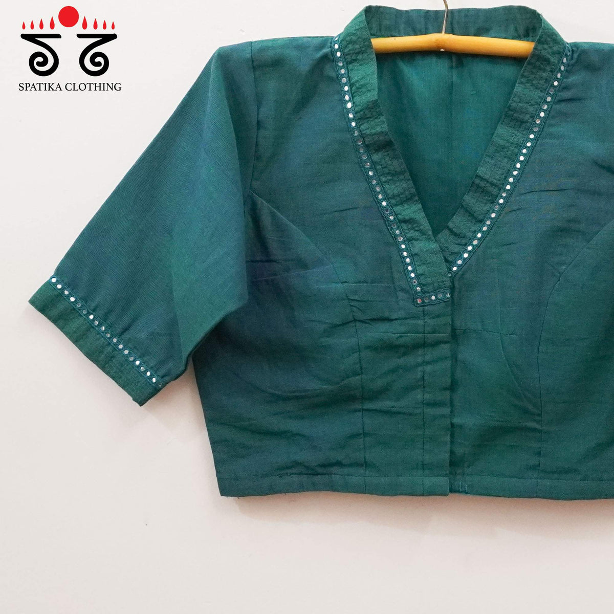 Teal Mirror Work - V Neck Blouse