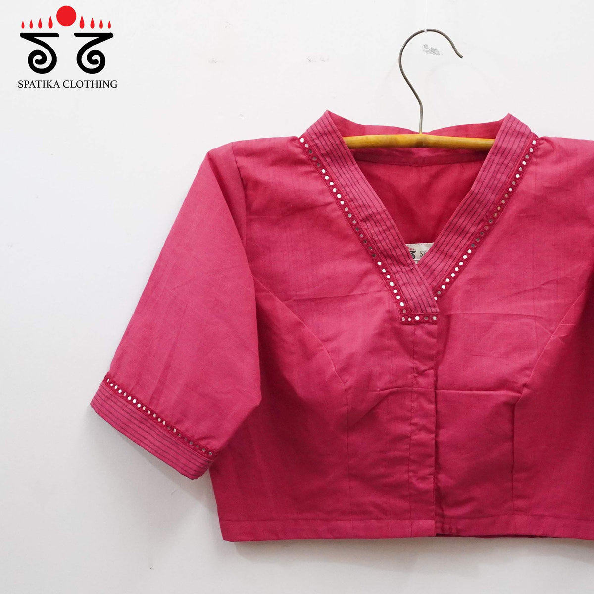 Pink Mirror Work - V Neck Blouse