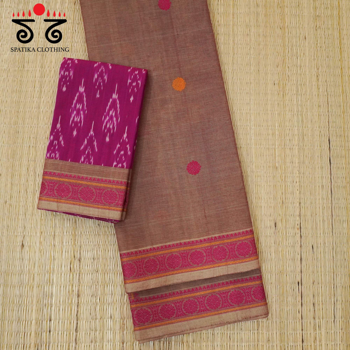 Brown Kanchi Cotton Saree - Ikat Blouse