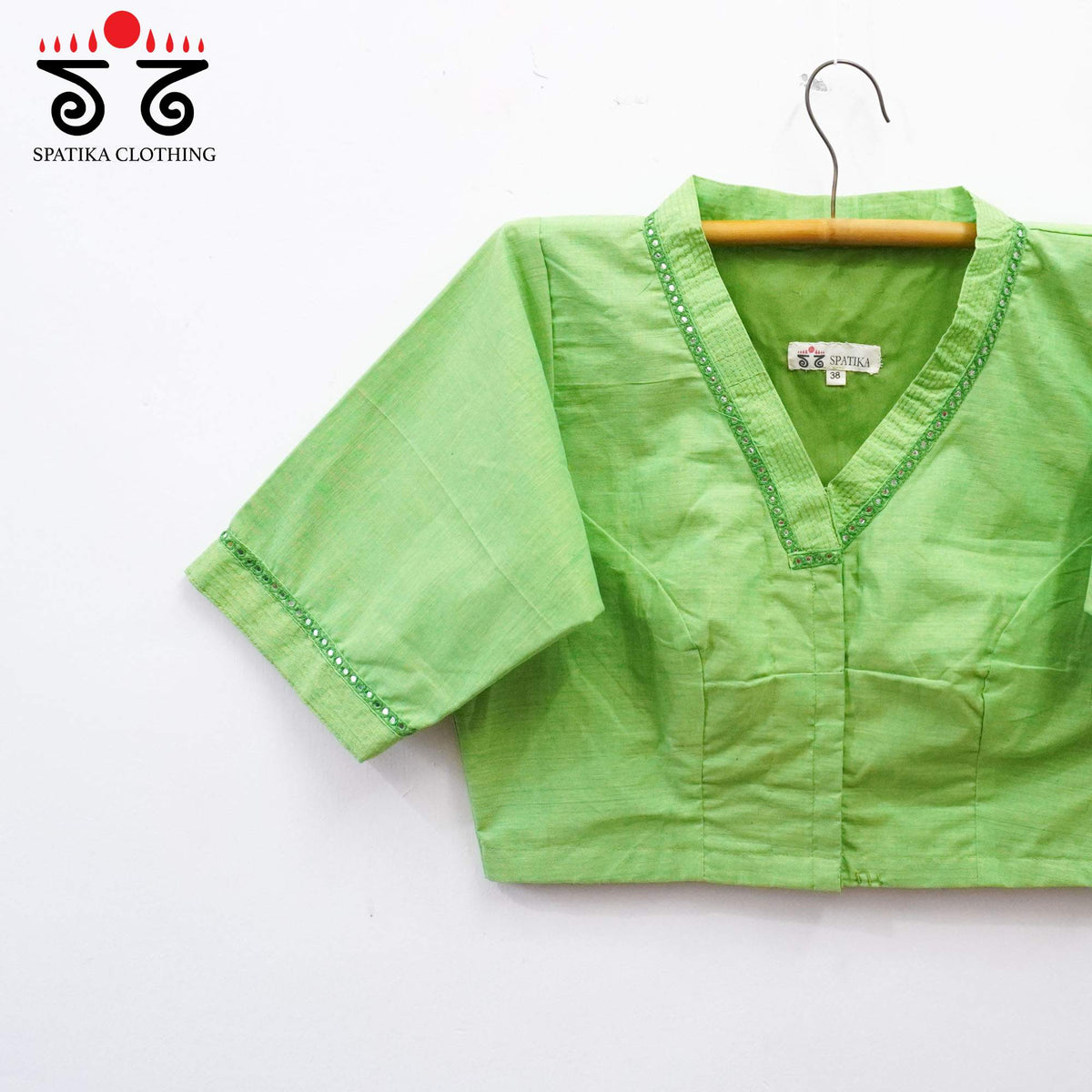 Green Mirror Work - V Neck Blouse