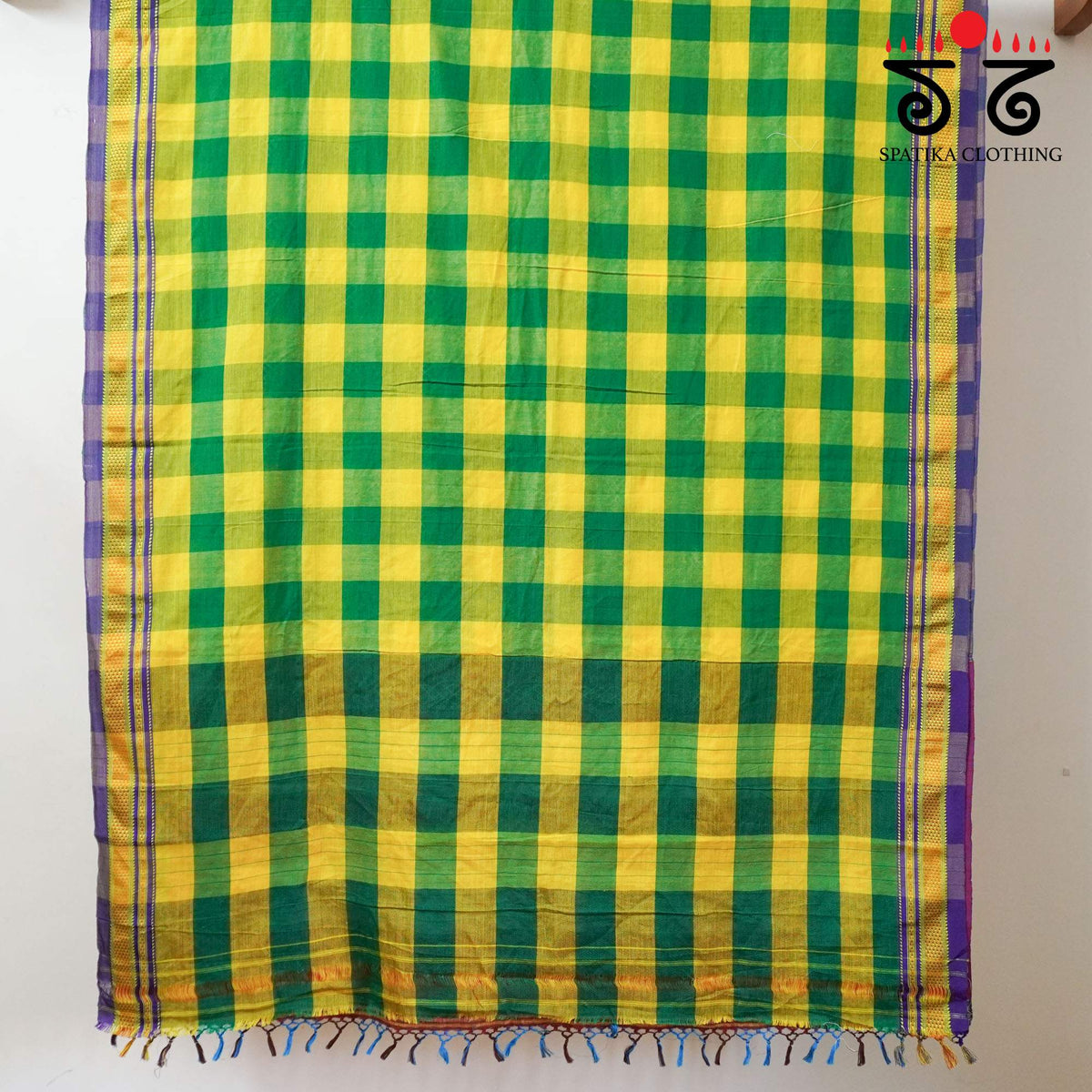 Green and Yellow Kolam - Embroidered Ilkal Saree