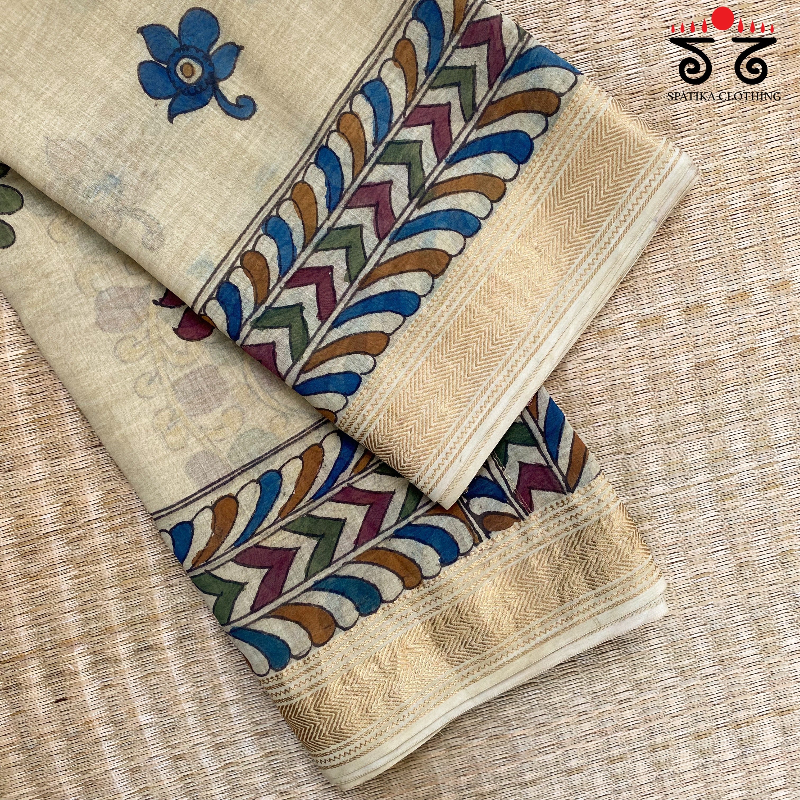 Pen Kalamkari On Off-white Maheshwari Silk Cotton Saree