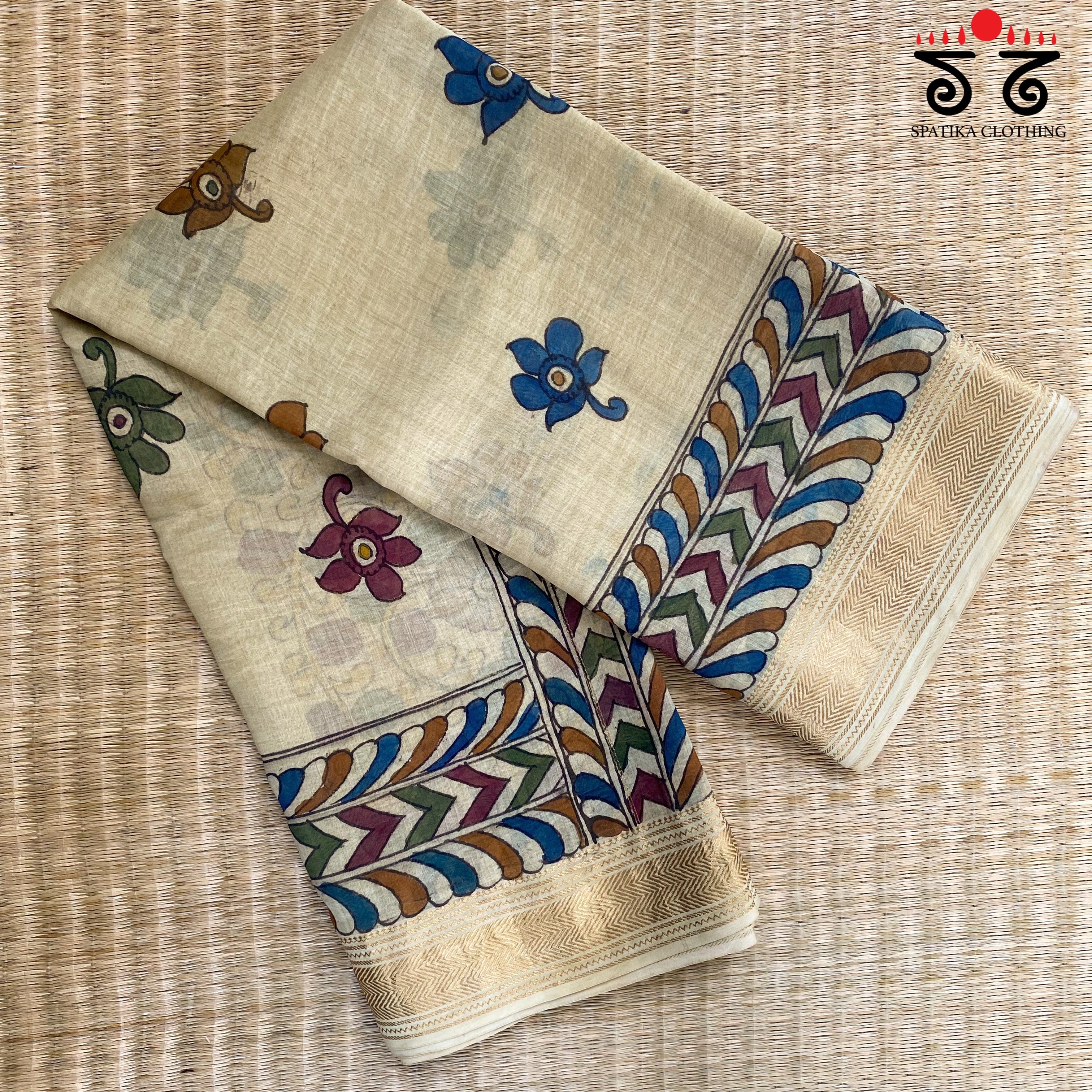 Pen Kalamkari On Off-white Maheshwari Silk Cotton Saree