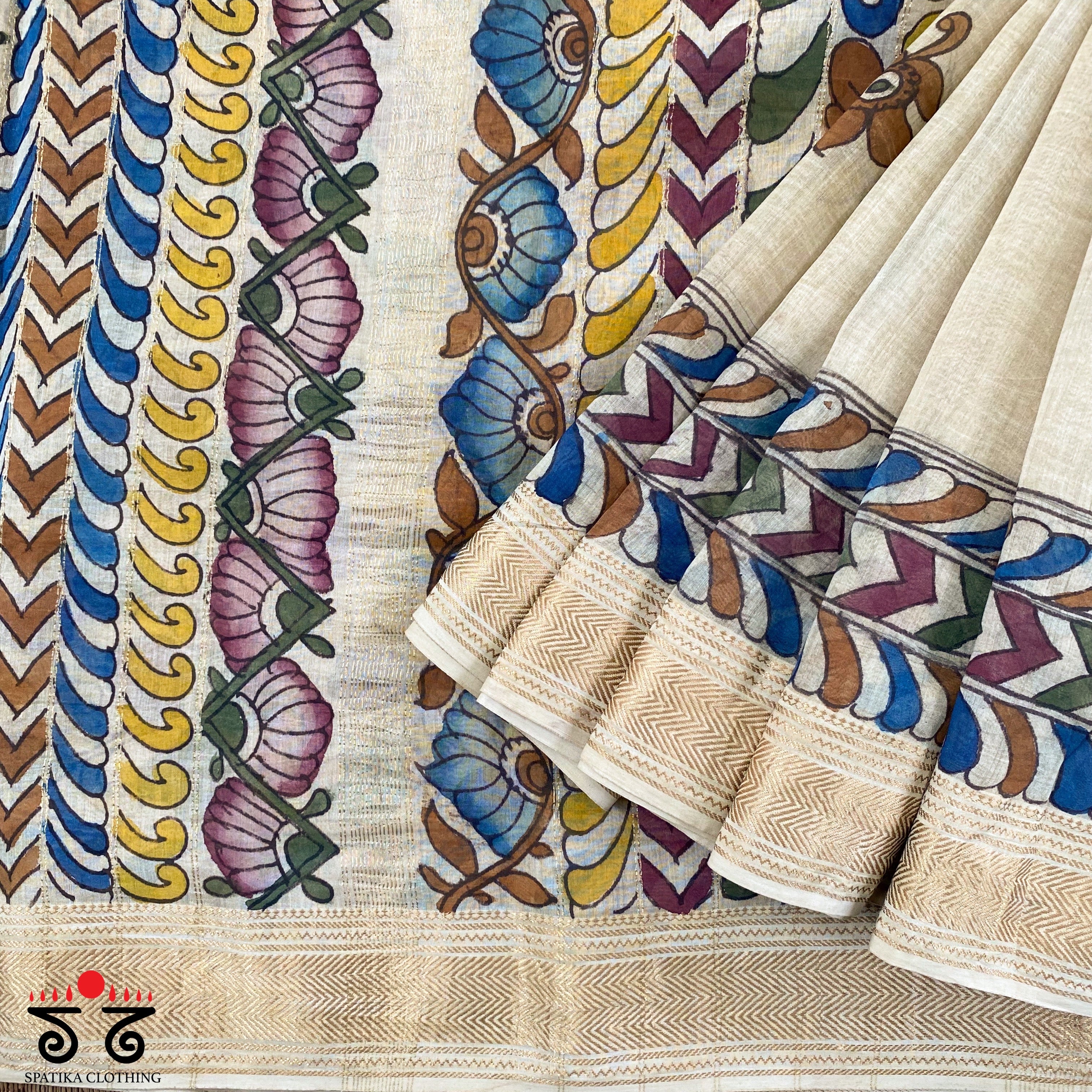 Pen Kalamkari On Off-white Maheshwari Silk Cotton Saree