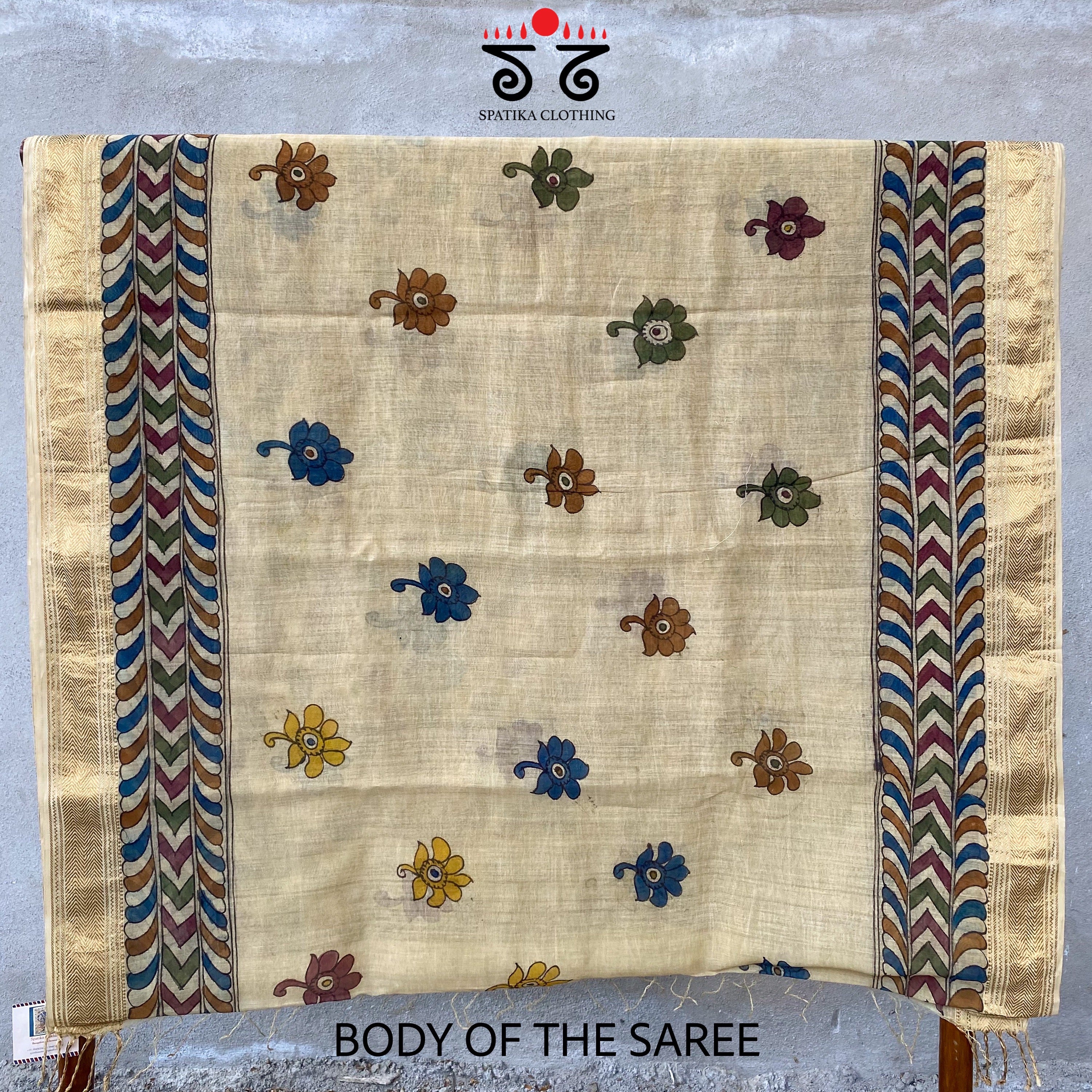 Pen Kalamkari On Off-white Maheshwari Silk Cotton Saree