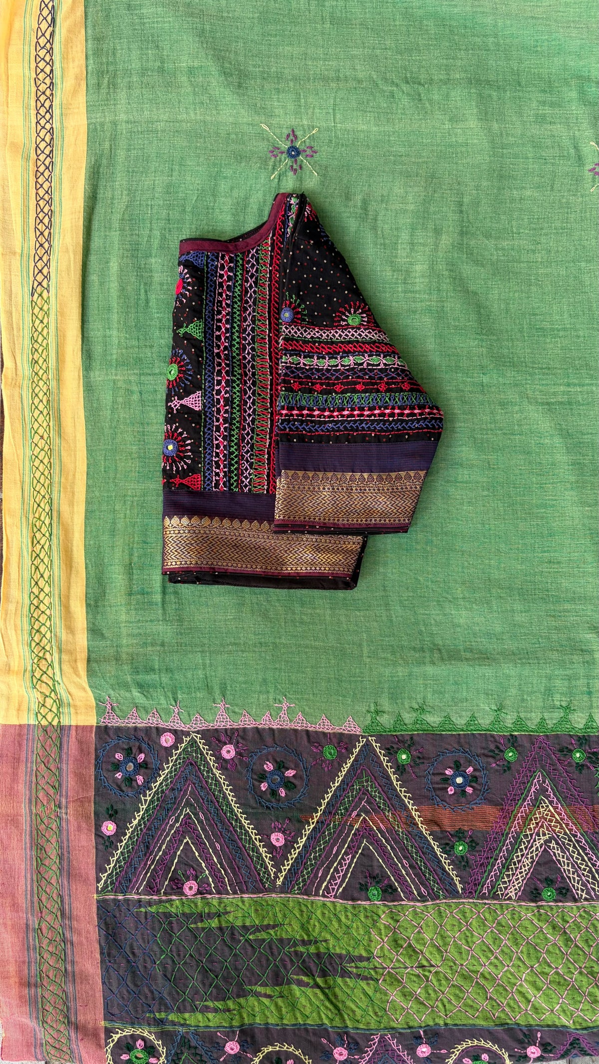 Ilkal Hand Embroidered Cotton Saree with Black Kashi - The Festive Lambani Blouse