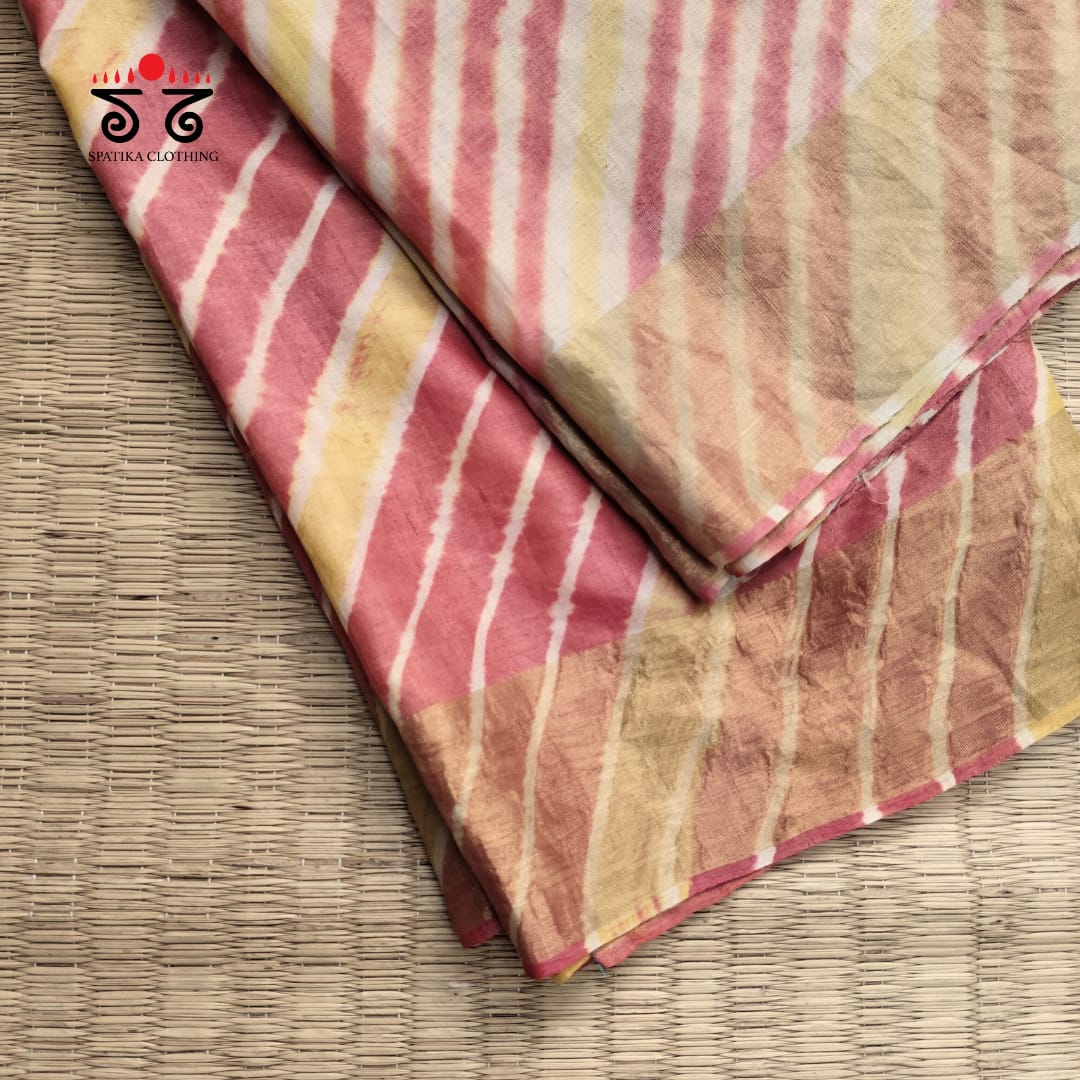 Leheriya on Pastel Red Tussar Silk Saree