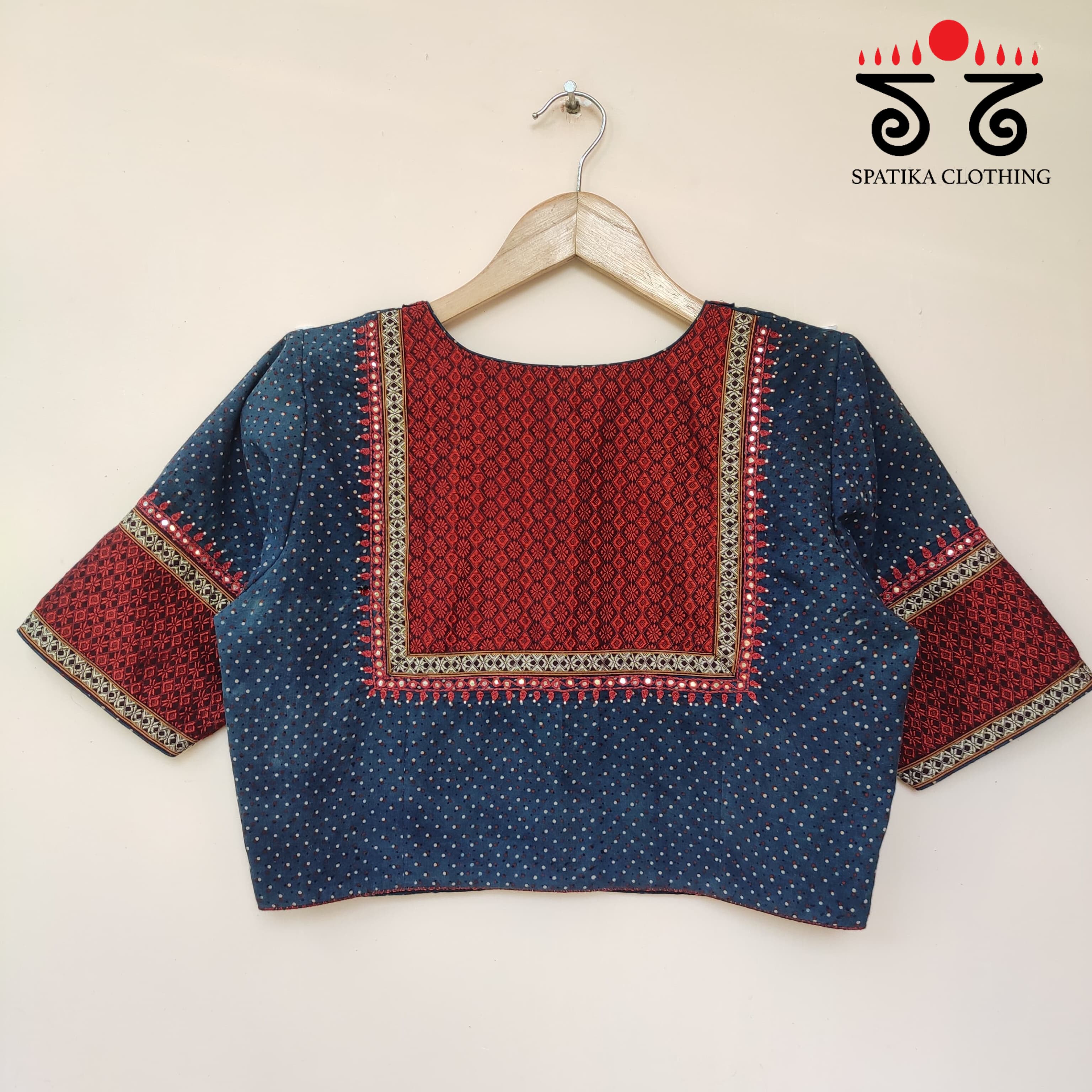 Blue & Red Ajrak Khun Handembroidered Blouse