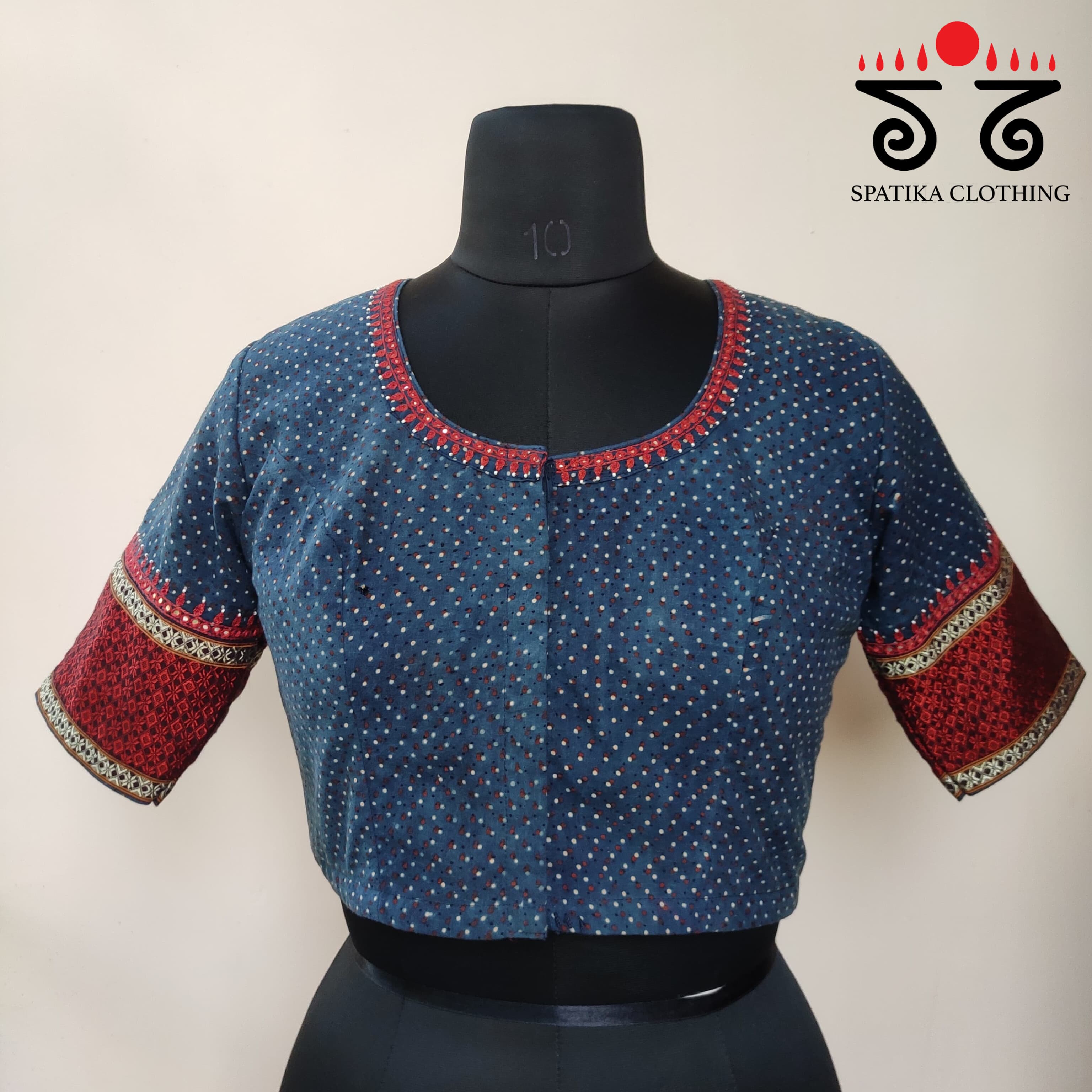 Blue & Red Ajrak Khun Handembroidered Blouse