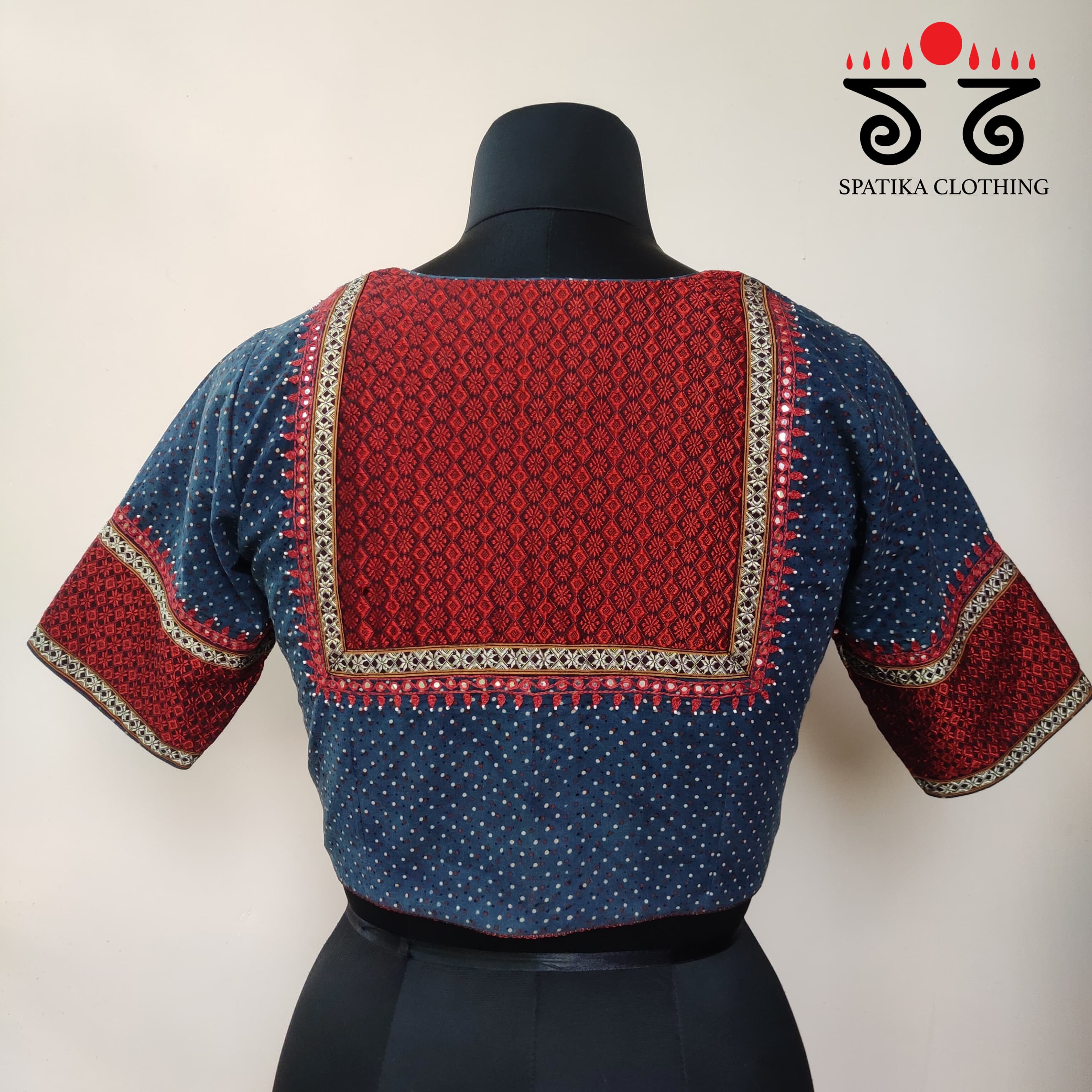 Blue & Red Ajrak Khun Handembroidered Blouse