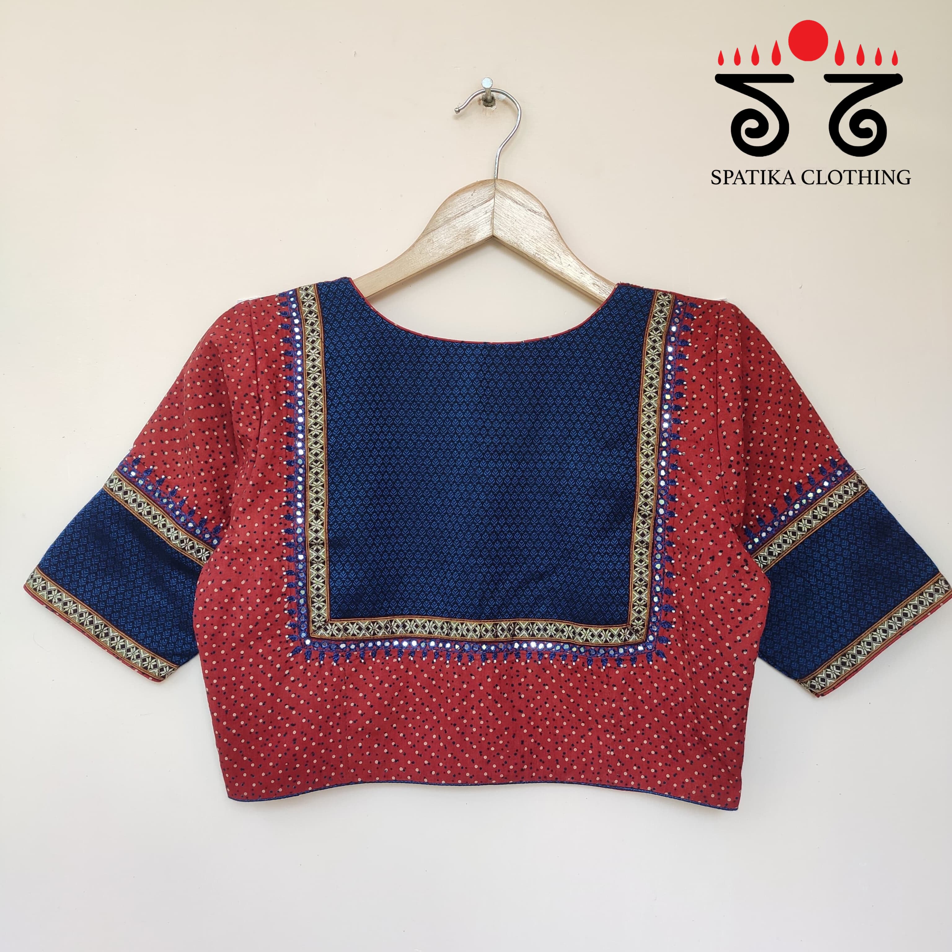 Red & Blue Ajrak Khun Handembroidered Blouse