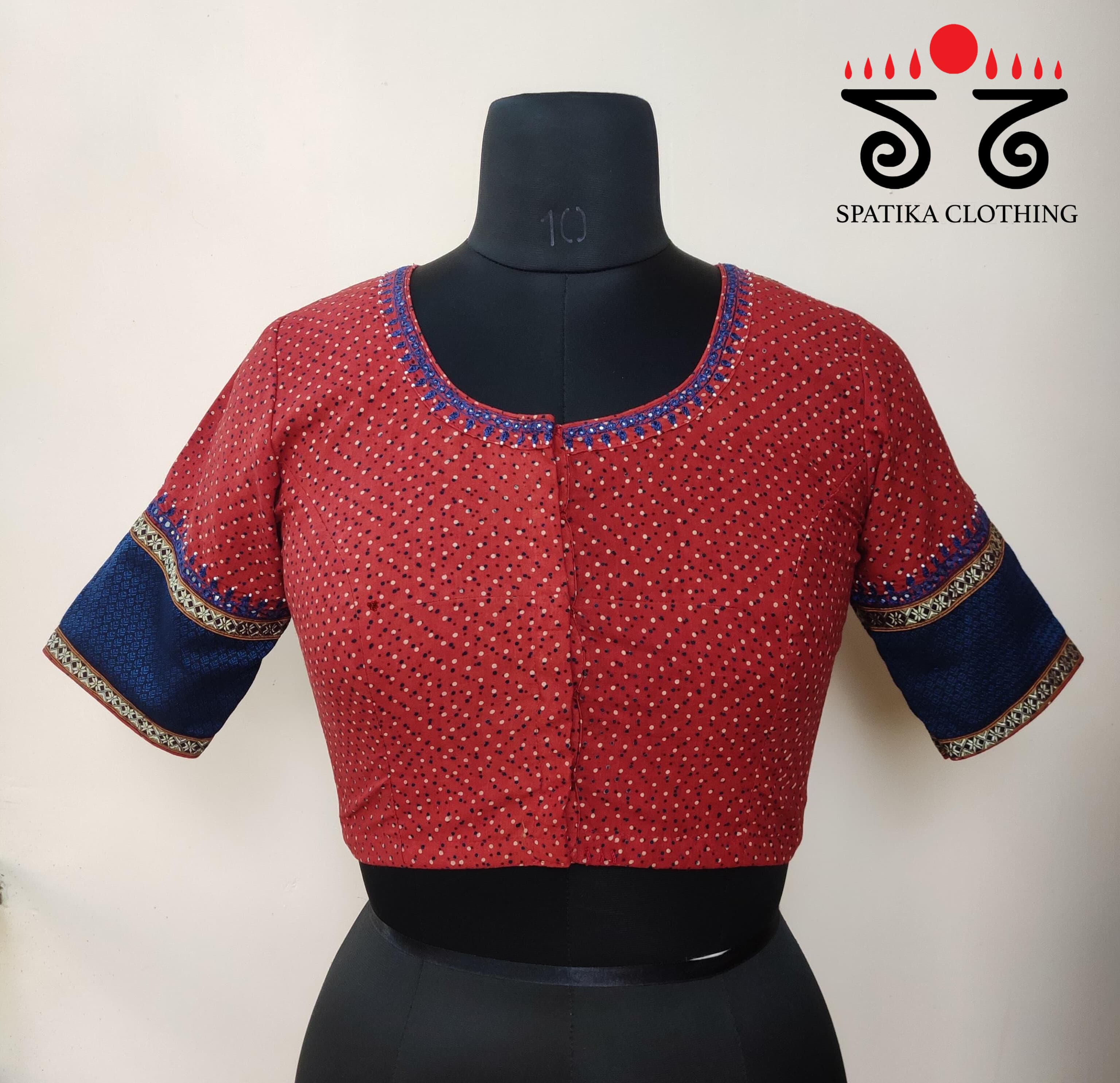 Red & Blue Ajrak Khun Handembroidered Blouse