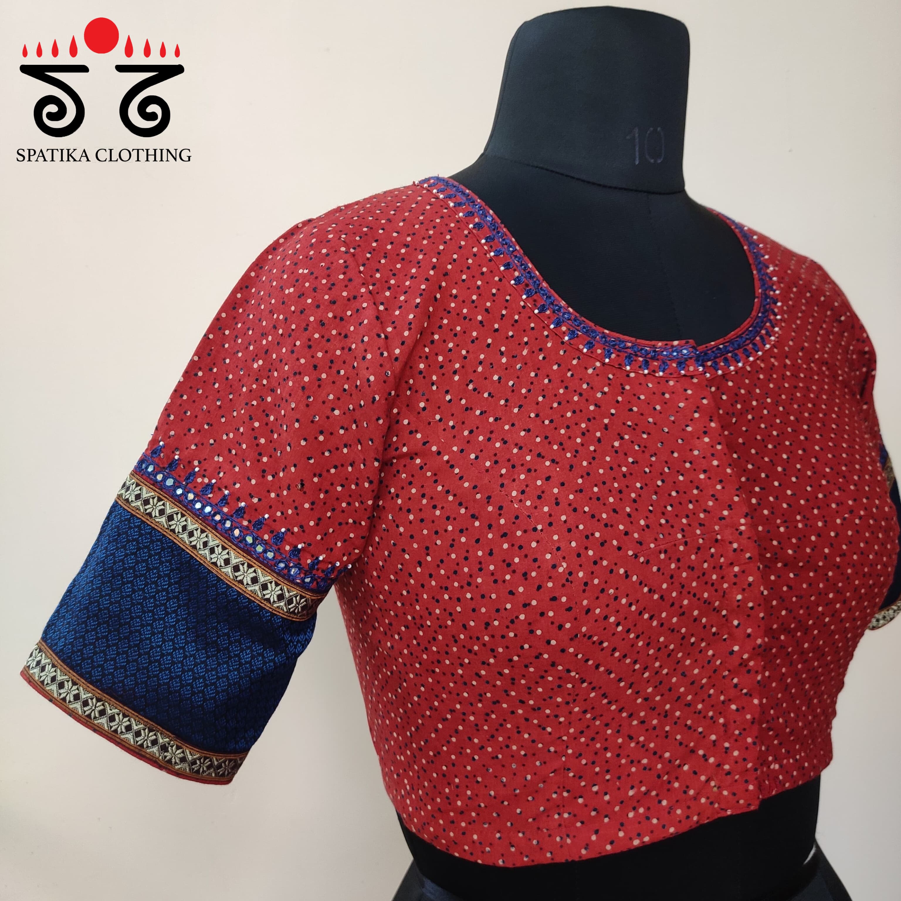Red & Blue Ajrak Khun Handembroidered Blouse
