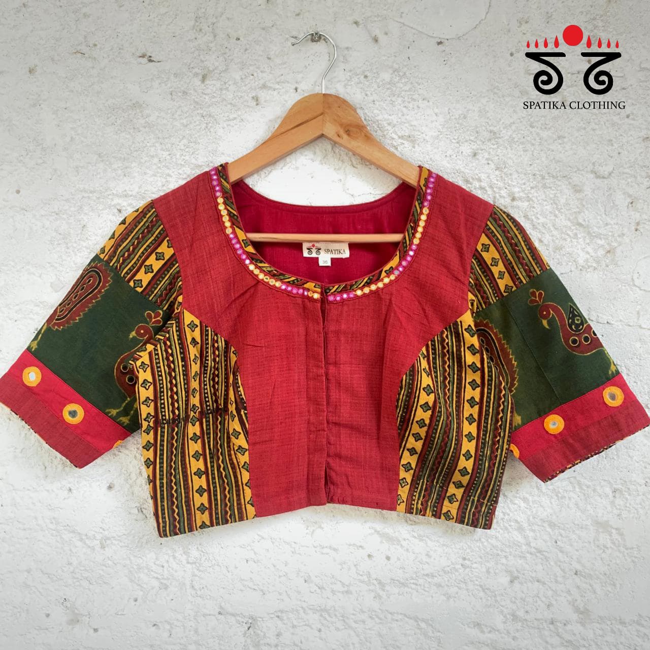 The Morni - Red, Green & Yellow Mirror work Blouse