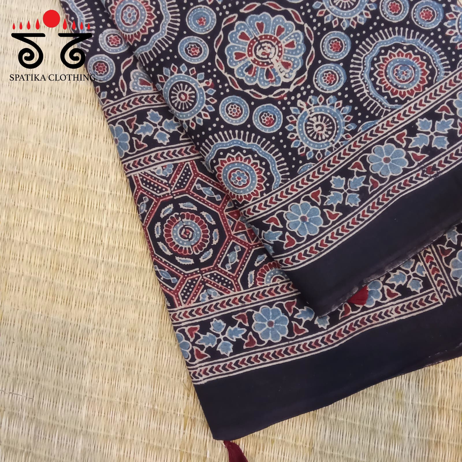 Ajrakh Handblock Print on Black Mulmul Cotton Saree