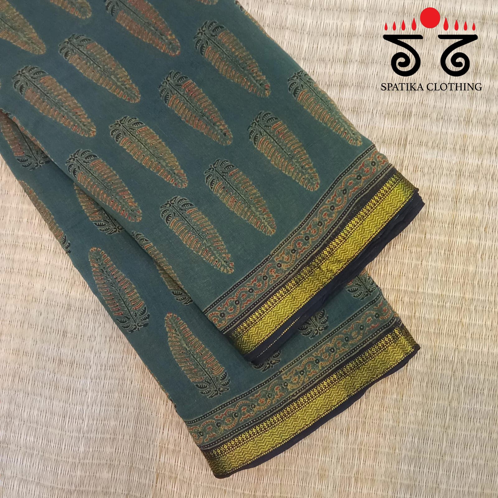 Ajrak Handblock Print on Dark Green Silk Cotton Saree