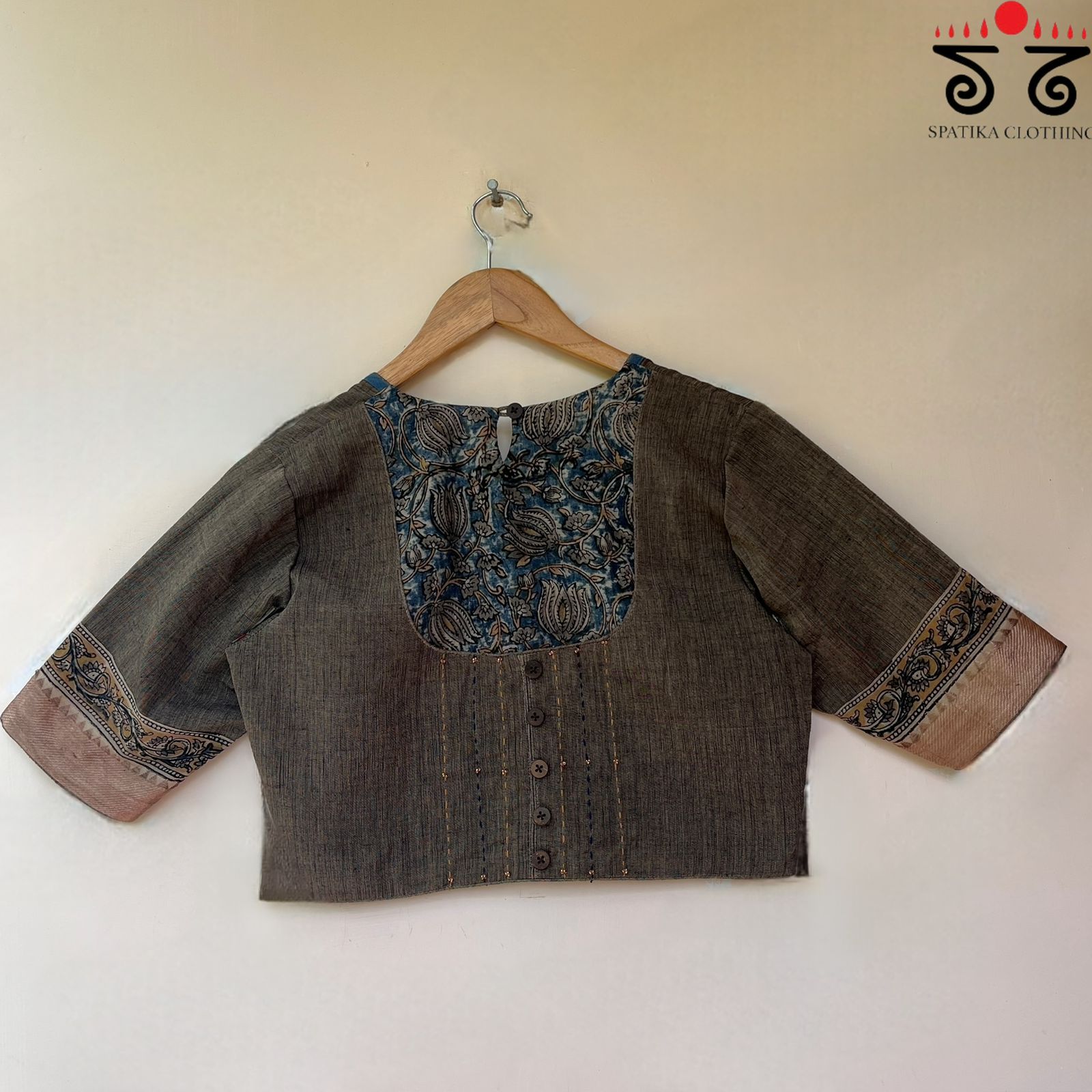 The Kalamkari Grey & Blue Yoke Blouse
