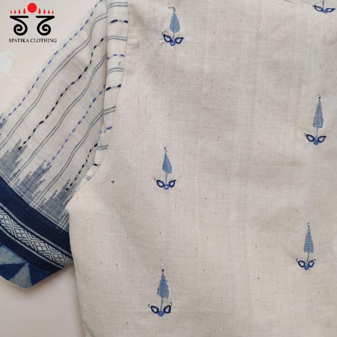 White & Indigo Blue Ponduru Jamdhani Blouse