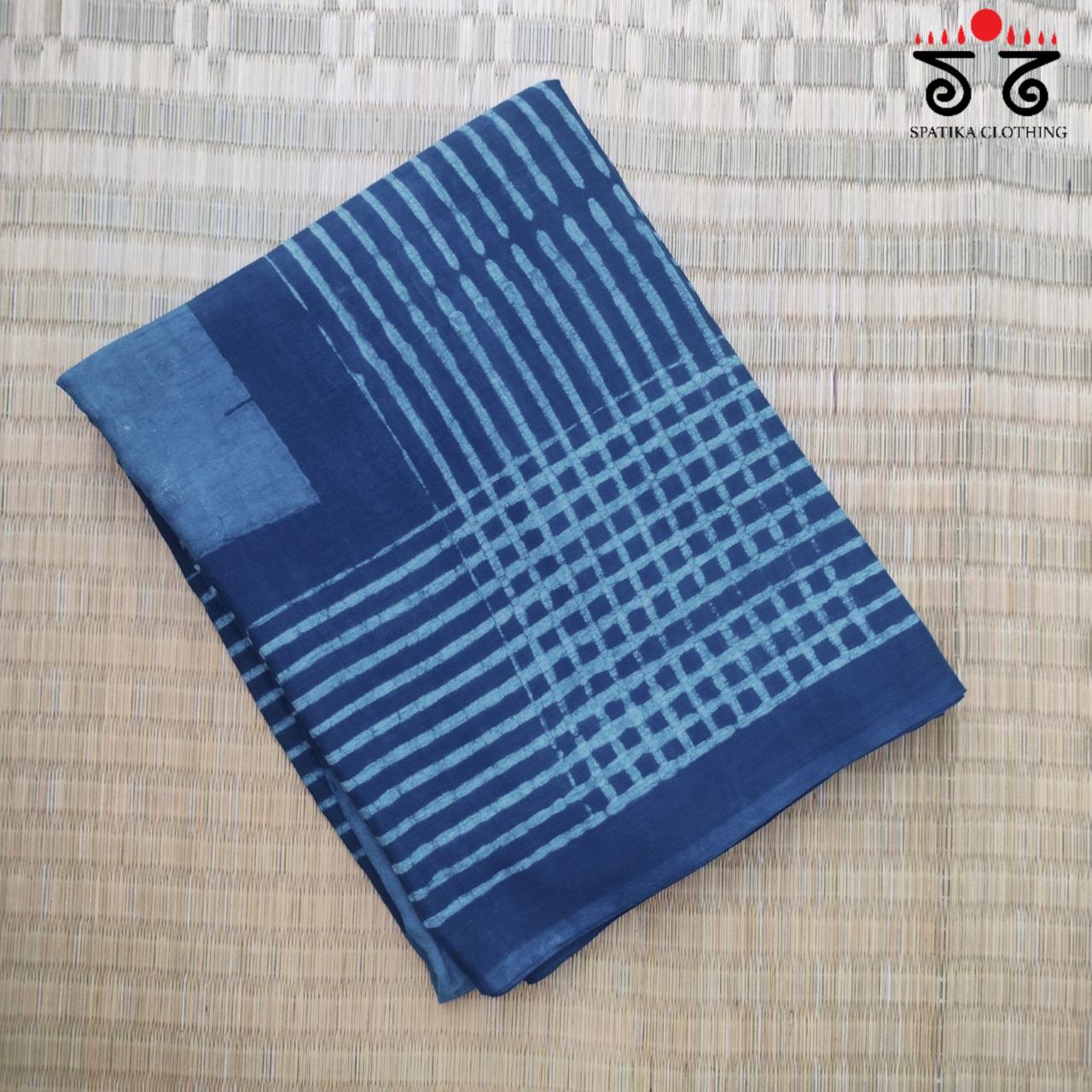 Indigo & White Handblock Printed Mulmul Cotton Saree