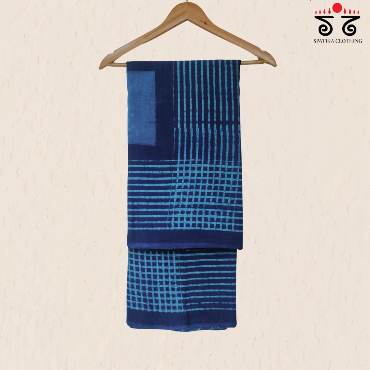 Indigo & White Handblock Printed Mulmul Cotton Saree