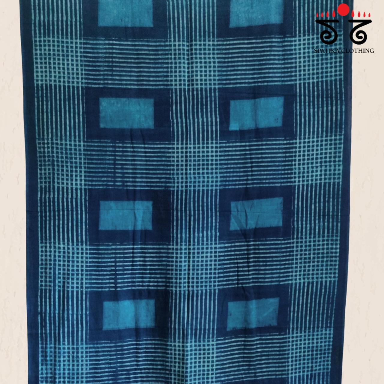 Indigo & White Handblock Printed Mulmul Cotton Saree