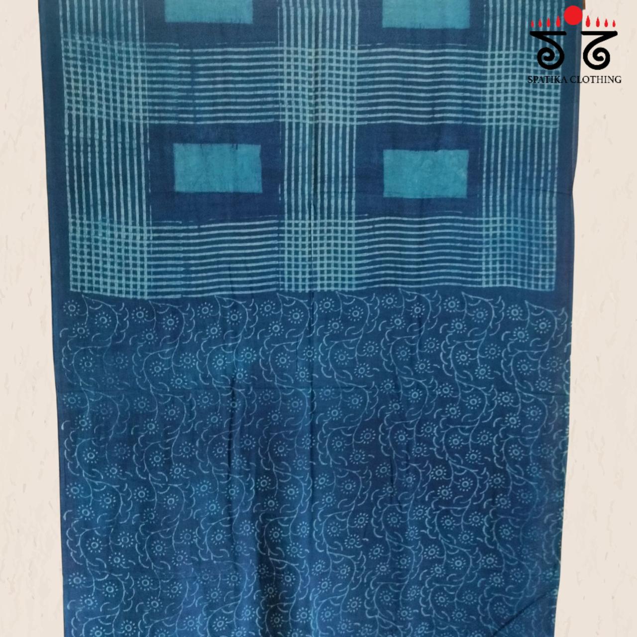Indigo & White Handblock Printed Mulmul Cotton Saree
