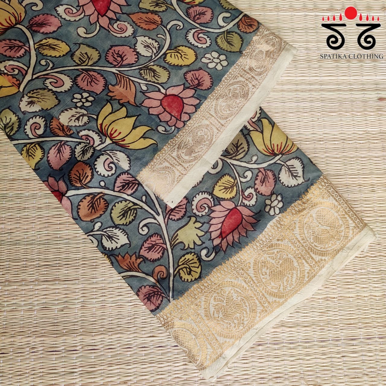 Blue Pen Kalamkari Handpainted Silk Cotton Saree