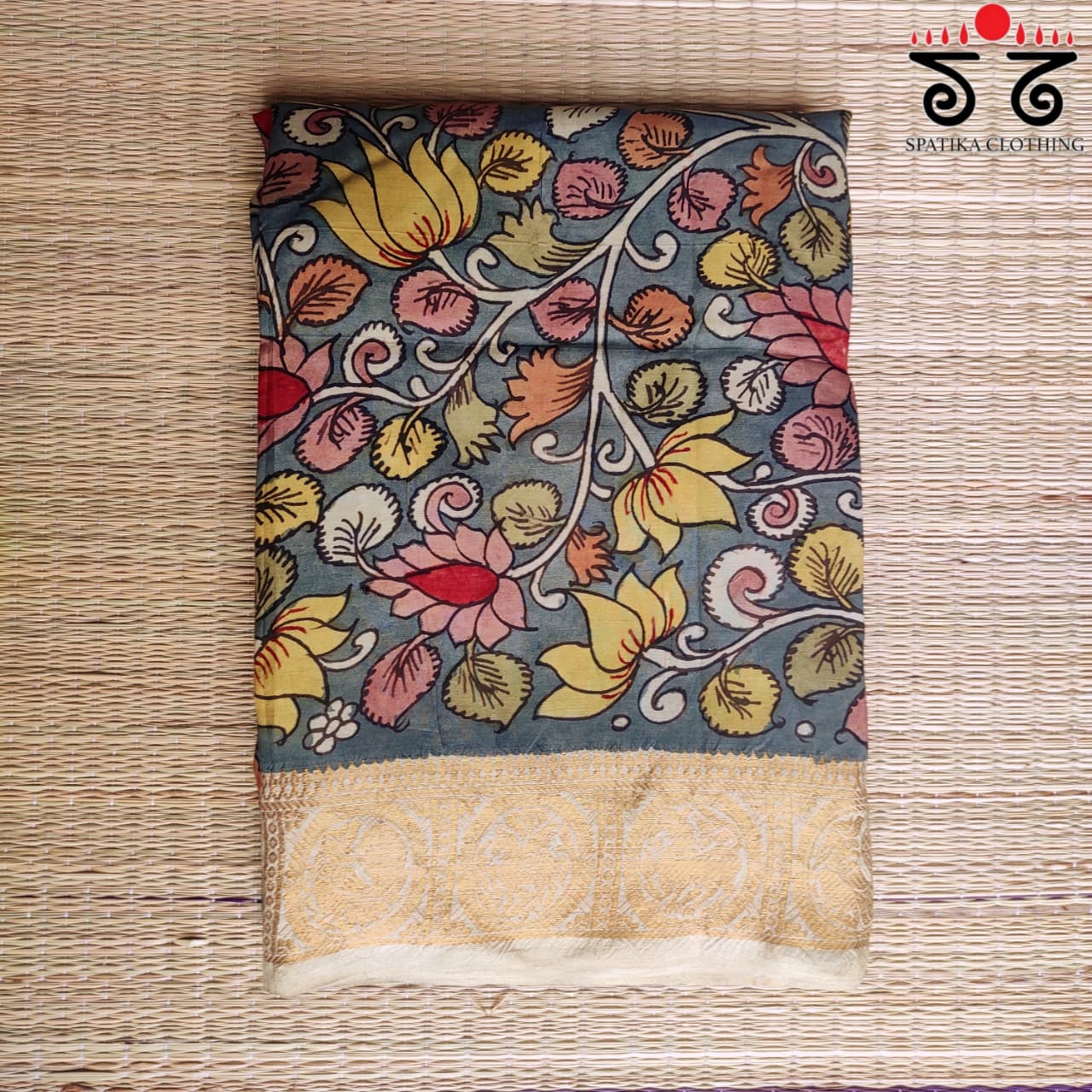 Blue Pen Kalamkari Handpainted Silk Cotton Saree