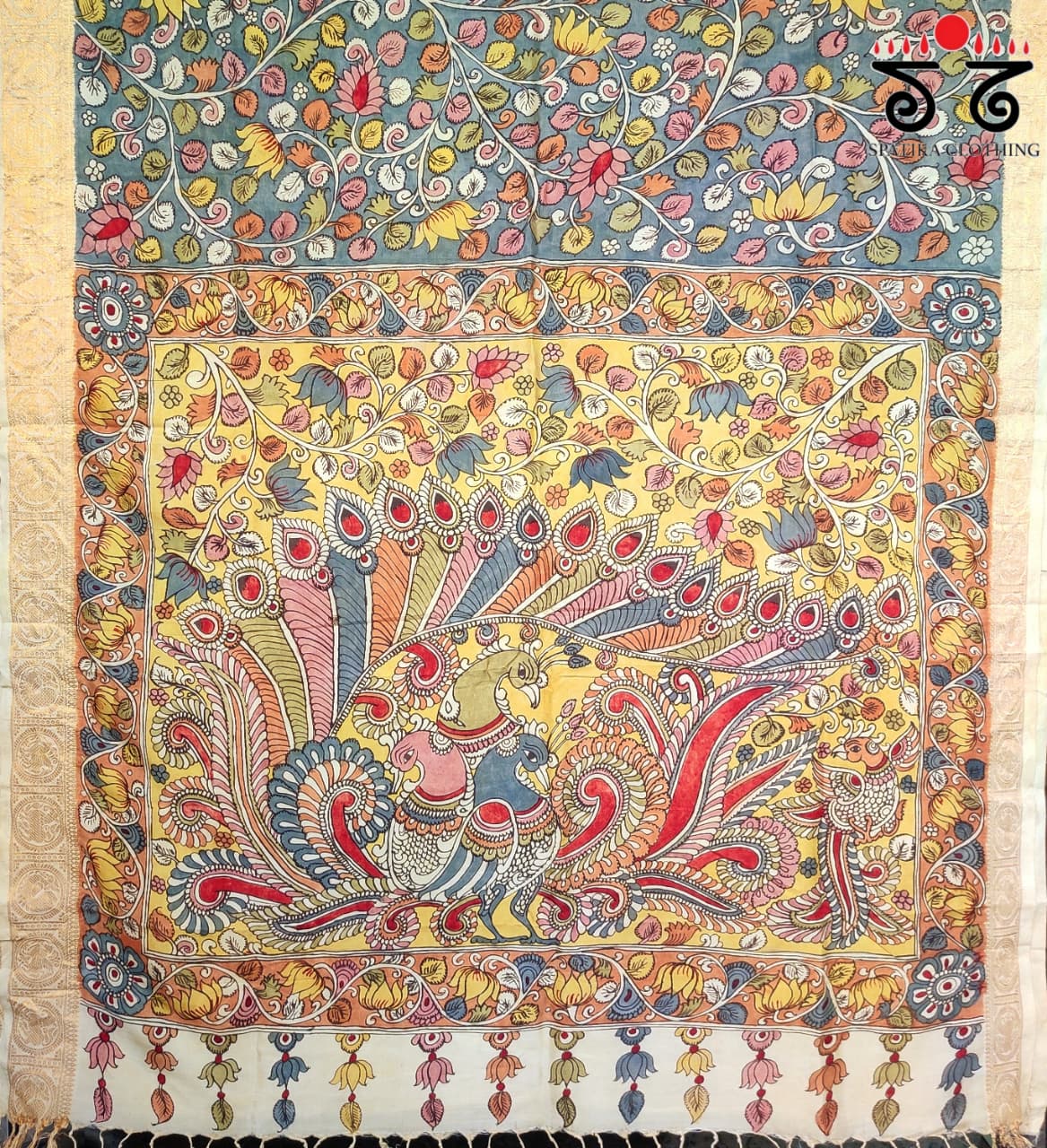 Blue Pen Kalamkari Handpainted Silk Cotton Saree