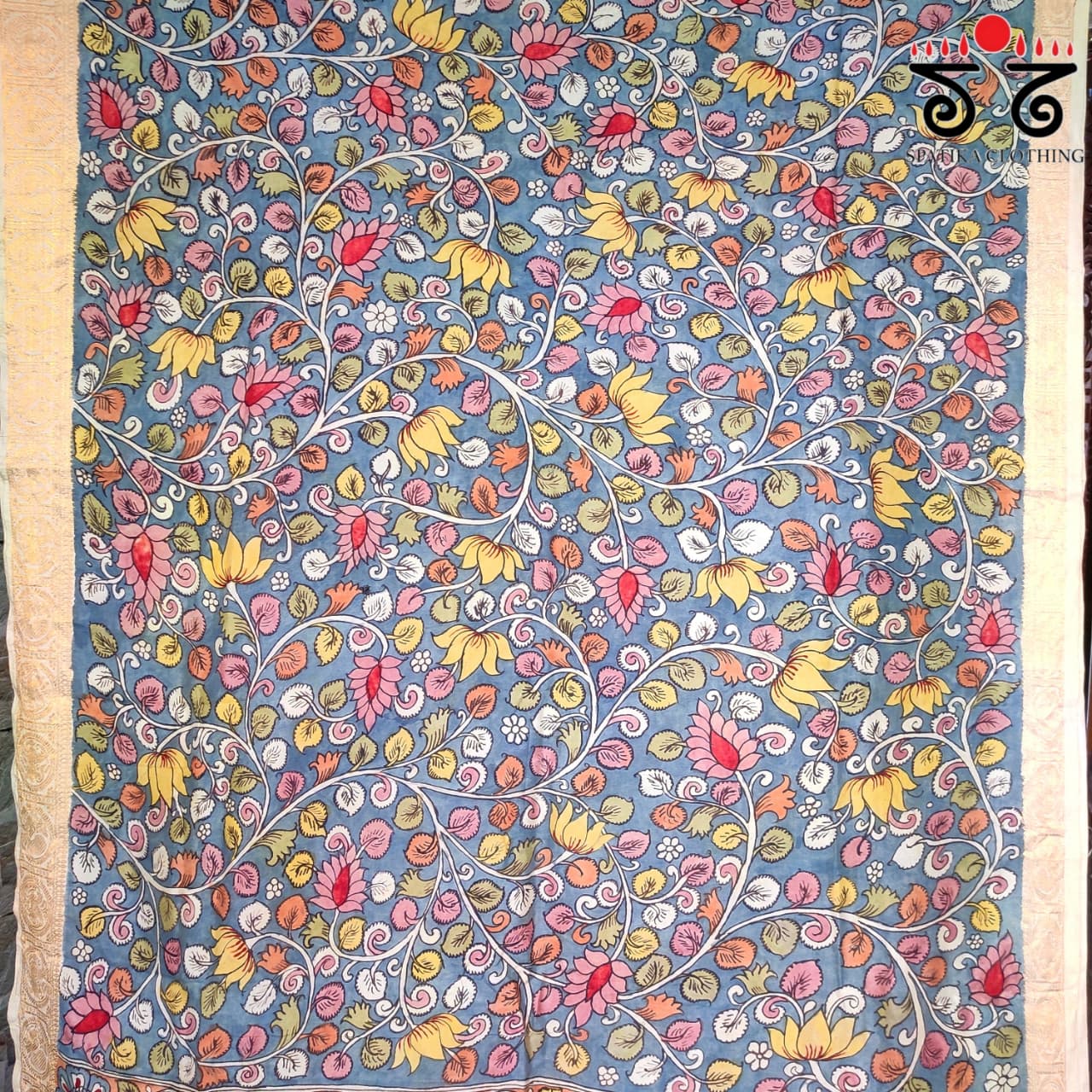 Blue Pen Kalamkari Handpainted Silk Cotton Saree
