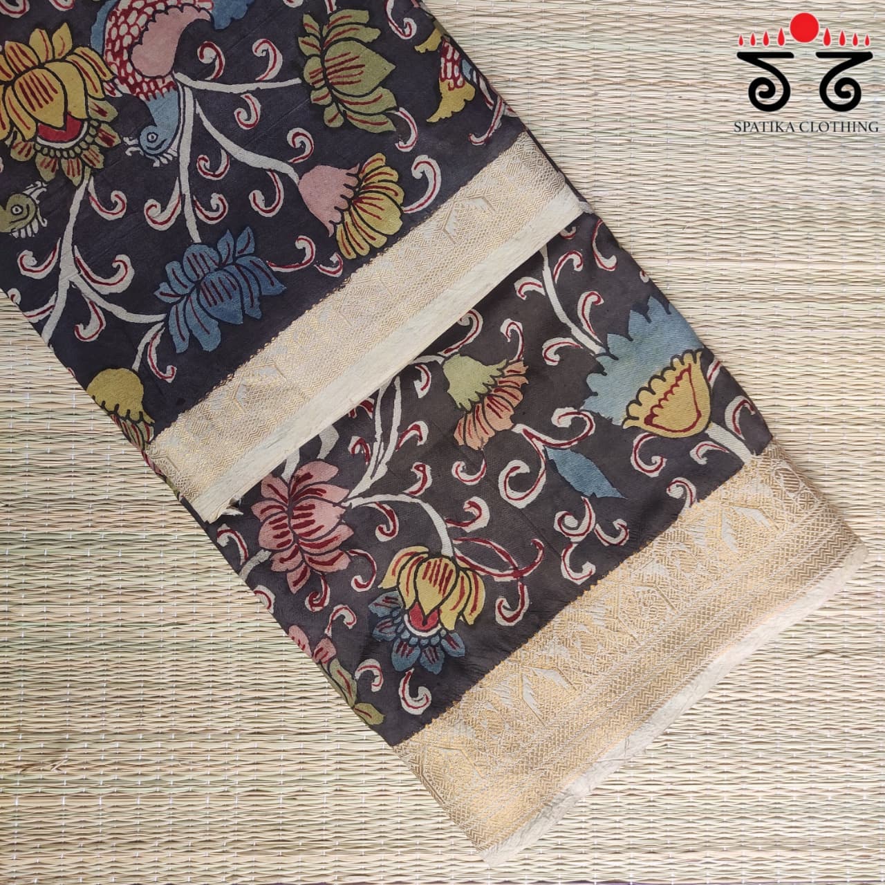 Black Pen Kalamkari Handpainted Silk Cotton Saree