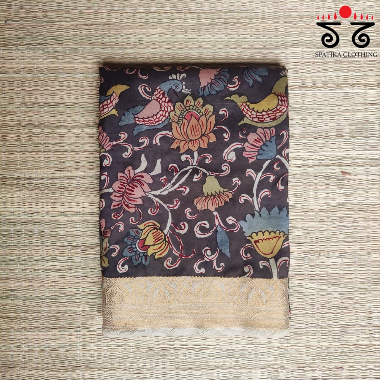 Black Pen Kalamkari Handpainted Silk Cotton Saree