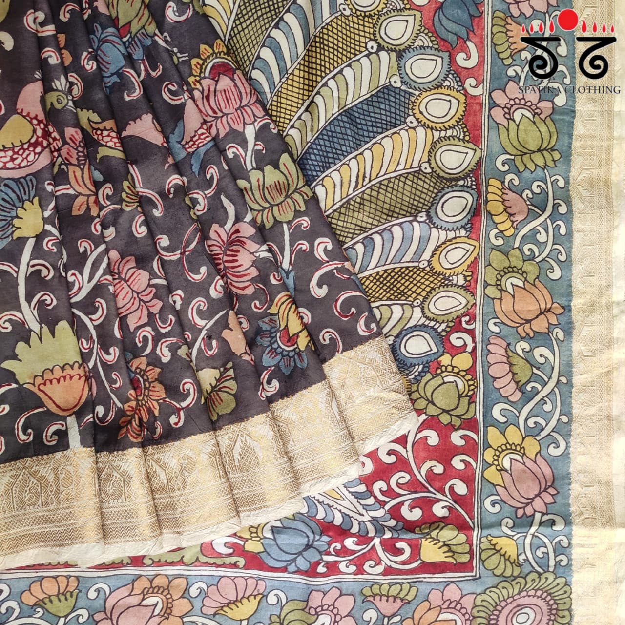 Black Pen Kalamkari Handpainted Silk Cotton Saree