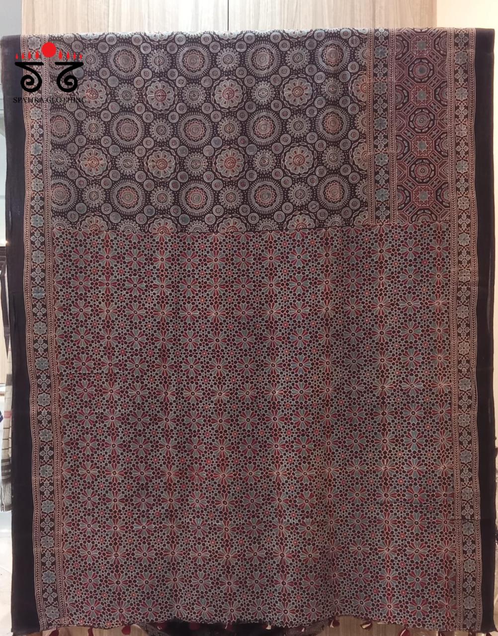 Ajrakh Handblock Print on Black Mulmul Cotton Saree