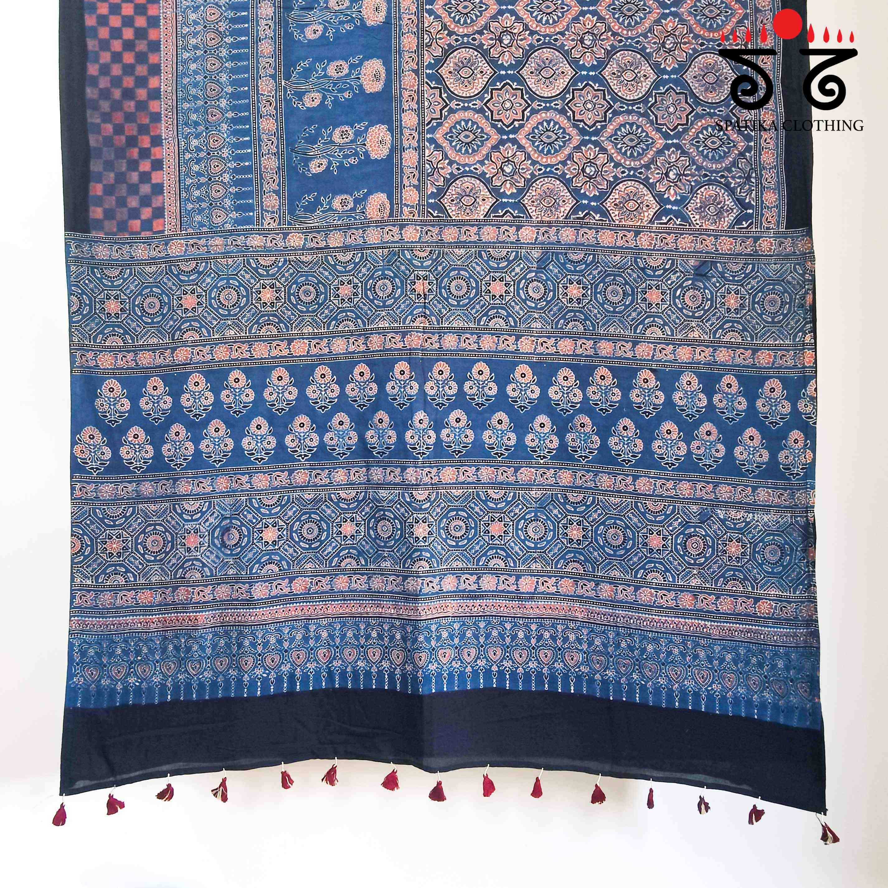 Ajrakh Handblock Print on Blue Mulmul Cotton Saree